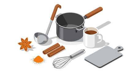 Isometric kitchen utensils composition with cooking pot and spices
