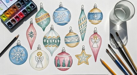 A flat lay of hand-painted watercolor Christmas ornaments surrounded by art supplies like paints, brushes, and pencils.