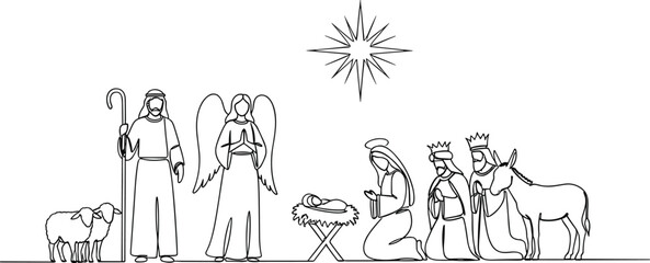 Nativity line drawing vector illustration, holy family manger artwork, Christian Christmas design, sacred worship scene, divine Bethlehem star, cad drawing flat vector illustration