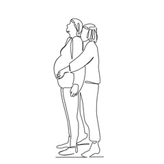 One continuous single drawing line art flat doodle mother, pregnancy, indoor, professional, female, woman, childbirth, abdomen. Isolated image hand draw contour on a white background, hand drawn, not 