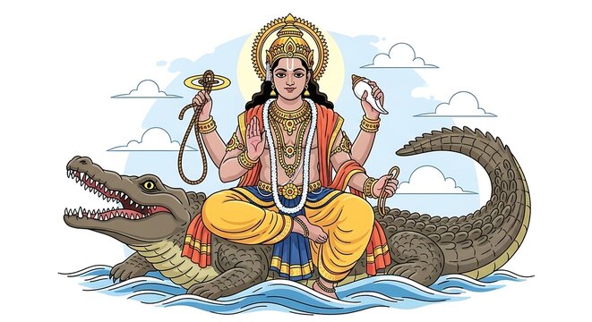 A deity sits atop a crocodile in ocean waves, holding symbols. Clouds and a sun halo surround the figure