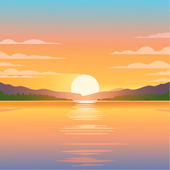 Vibrant Sunset Over Calm Lake with Mountain Silhouette and Reflected Sunlight Pixel Art Landscape