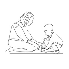 One continuous single drawing line art flat doodle children, mother, person, playing, family, happy, woman, childhood, together. Isolated image hand draw contour on a white background, hand drawn, not