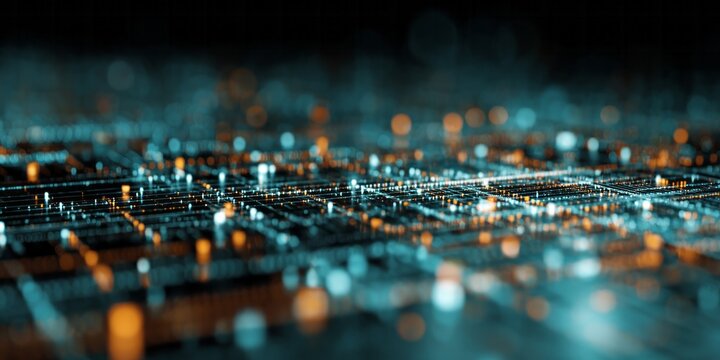 Illuminated digital data grid spreads across a dark technological surface with selective focus