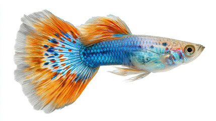 Close up of a single guppy fish with vibrant orange and blue tail on a white background
