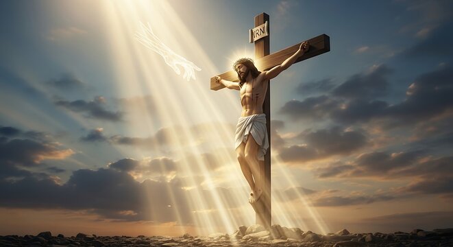 A depiction of a crucified figure on a wooden cross, illuminated by ethereal beams of light from above, with the cloudy sky as the backdrop