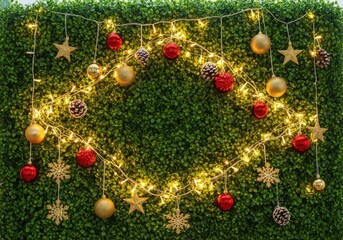Festive christmas wreath with twinkling lights and ornaments on greenery