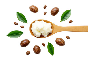 Natural shea butter cream on wooden spoon surrounded by shea nuts and green leaves isolated on transparent background