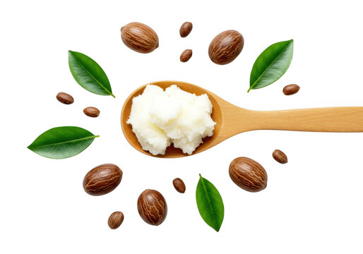 Natural shea butter cream on wooden spoon surrounded by shea nuts and green leaves isolated on transparent background