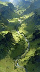 A sweeping vista reveals a winding road cutting through lush green valleys nestled amongst dramatic mountains.