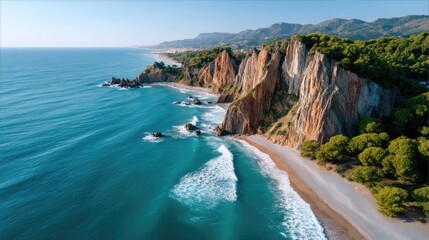 Dramatic Coastal View of Jagged Cliffs and Foamy Waves Crashing onto a Pebble Beach with Lush Green Trees and a Distant Town Under a Clear Blue Sky