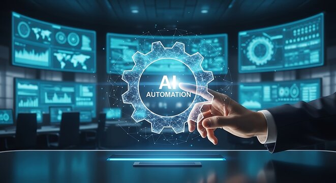 Futuristic AI automation concept with businessman interacting with glowing digital gear interface on screens background