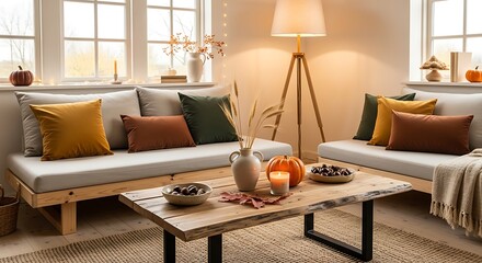 Cozy autumn living room with pumpkins and warm lighting creating a peaceful seasonal atmosphere