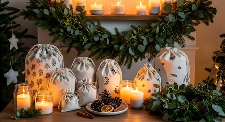 A cozy, festive table display with reusable fabric gift bags, lit candles, and natural holiday decorations like pinecones and greenery.