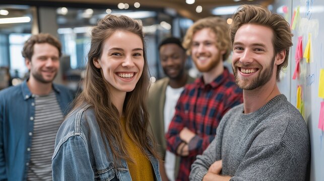 Group of diverse young professionals smiling and standing in open office environment, with colorful sticky notes on wall, suggesting collaborative and creative atmosphere