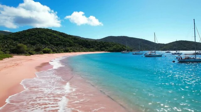 Breathtaking aerial vista of a stunning pink sand beach where gentle waves meet the crystal-clear