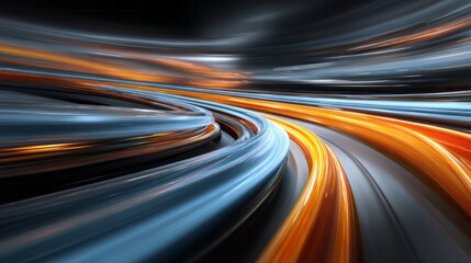 Abstract energetic streaks of blue and orange light curve across a dark background