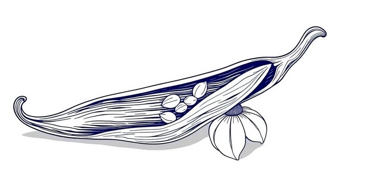 Intricate line drawing of a vanilla bean, showing seeds and pod detail,  illustration,  baking