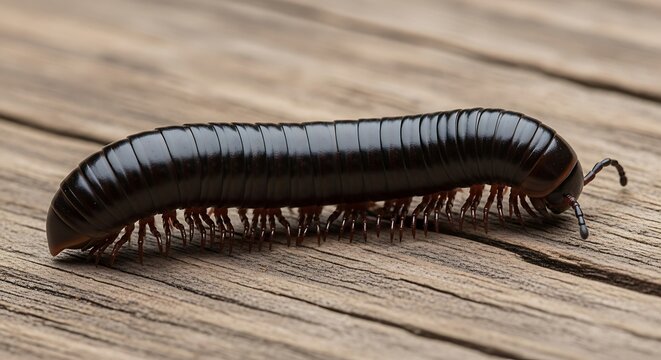 A detailed image of a millipede crawling across weathered wooden planks. The creature is dark with visible segmented body and numerous legs