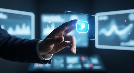 Professional hand activates futuristic digital interface with play button, advanced technology concept for modern business solutions