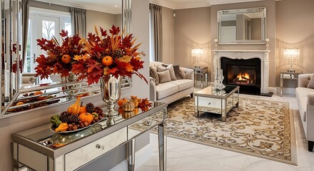 Elegant living room with fall decorations and a fireplace creating a warm and inviting atmosphere