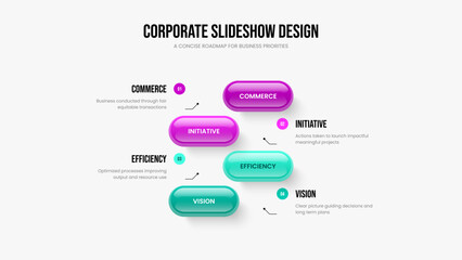 Project Innovation Four Option Infographic Slide Layout. Consulting Forecast 4 Element Diagram Frame Template. Company Insight Slideshow Design Vector Illustration.