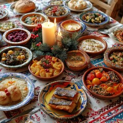 A Festive Banquet of Traditional Dishes Featuring Colorful Plates and Delicious Sides Perfect for Family Gatherings and Celebrations