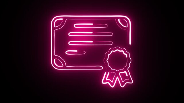 A neon pink certificate with a seal and ribbon on a black background glowing brightly in the dark