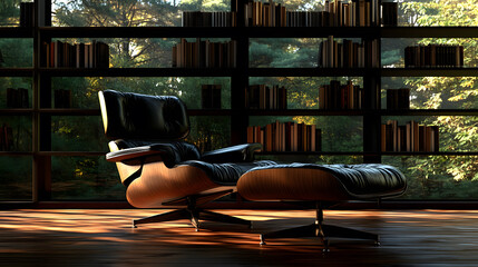 A cozy reading nook in a charming coffee shop with a large window, a comfortable armchair, and a well stocked bookshelf