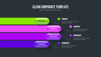 Corporate Report 4 Option Diagram Slideshow Template. Consulting Growth Four Step Infographic Frame Layout. Market Performance Slide Design Vector Illustration.