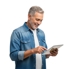 A smiling mature man with gray hair and beard wearing a denim shirt and white t shirt using a tablet device isolated on transparent background