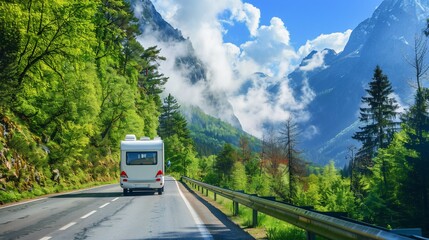 A motorhome travels a road winding through lush green mountains under a partly cloudy sky