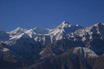 Stok Kangri, high mountain of the Zanskar Range seen from Leh, India.