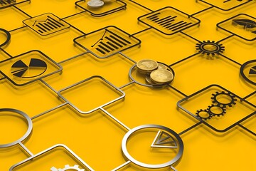 A network of interconnected icons and coins on a yellow background, representing blockchain, cryptocurrency, and decentralized finance, with a focus on technology and innovation