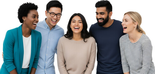 Five diverse people including Black Asian Indian and White individuals are laughing together outdoors on a clear day Group