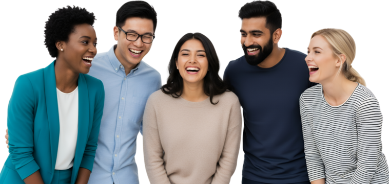 Five diverse people including Black Asian Indian and White individuals are laughing together outdoors on a clear day Group