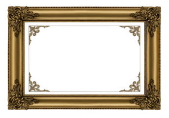 Ornate golden picture frame with intricate detailing isolated on transparent background
