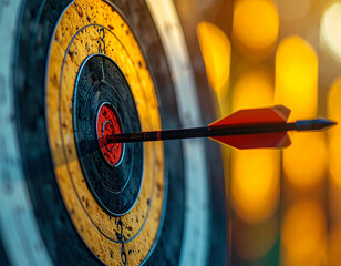 Arrow perfectly hitting the bullseye on target, symbolic of precision and business success.