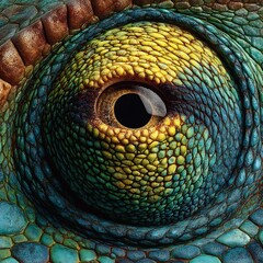 Obraz premium Intricate close-up of a chameleon's eye revealing vibrant textures and unique patterns