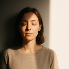Calm moment of a highly sensitive person in a warm, quiet space with natural light at dusk