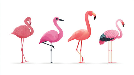 Obraz premium Illustration of four pink flamingos standing against a plain white background in a row