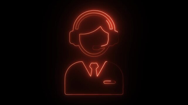 Glowing orange neon customer service icon isolated on a black background with headset and tie