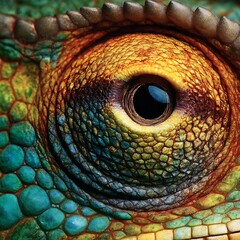 Obraz premium Intricate eye detail of a chameleon showcasing vibrant textures and captivating color gradients