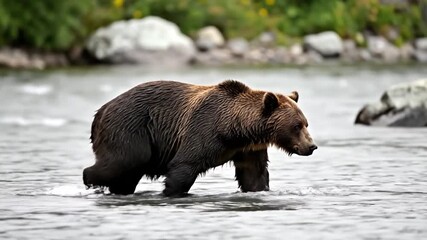 Majestic bear powerfully walks through wild river, captured in stunning HD nature