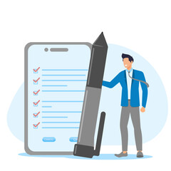 Illustration of a work board with a checklist and a confident businessman standing holding a pencil. Checklist inspection concept.
