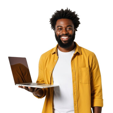 Smiling black man with curly hair holding a silver laptop computer with a bright yellow button down shirt isolated on transparent background
