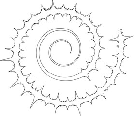 Decorative spiral composed of layered spiky contours forming dynamic radial symmetry.