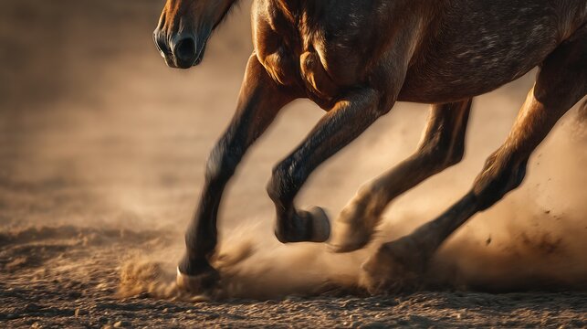 Dynamic image of a horse galloping across a dusty expanse evoking speed and energy - Powered by Adobe