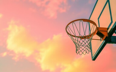 Naklejka premium Golden Hour Glow Over a Basketball Hoop Against a Dramatic Sky