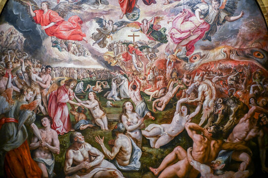 Close-up of Marten de Vos&rsquo;s 1570 masterpiece The Last Judgement, filled with dramatic biblical imagery.